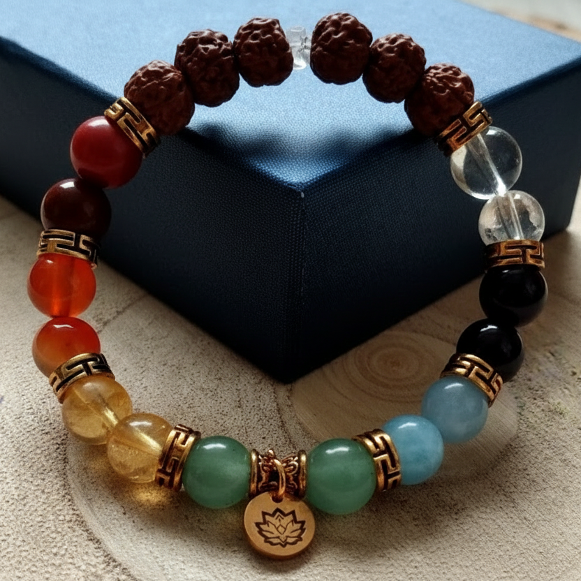 7 Chakra Armband • Handgefertigt aus Echten Natursteinen • Mit Lotus & Rudraksha für Balance & Schutz