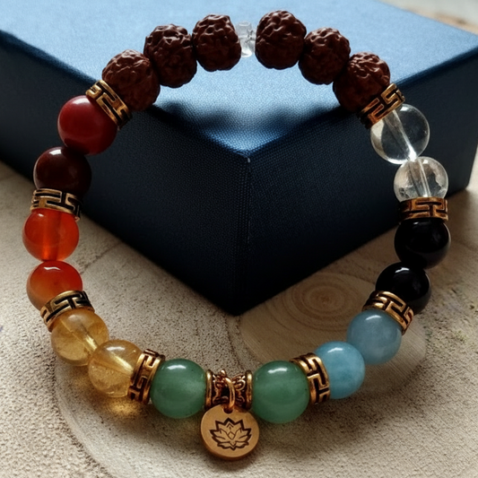 7 Chakra Armband • Handgefertigt aus Echten Natursteinen • Mit Lotus & Rudraksha für Balance & Schutz